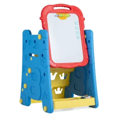 3 in 1 Kunststaffelei für Kinder mit Bücherregal Doppelseitige Kindertafel mit Kreidetafel Rot & Blau