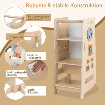 2-fach Höhenverstellbarer Tritthocker 4 in 1 Montessori Lernturm aus Holz 52 x 50 x 89 cm Natur