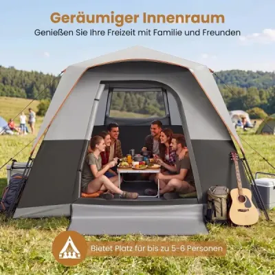 Cort de camping portabil pentru 6 persoane cu protecție solară cort impermeabil pop-up cu sac de transport gri