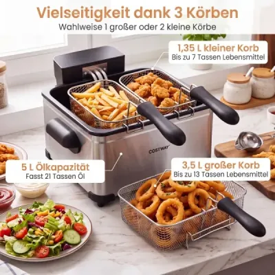 Digitale Fritteuse mit Öl 5 L 1700 W Edelstahl Frittiertopf Pommes mit 3 Körben & 6 Programmen