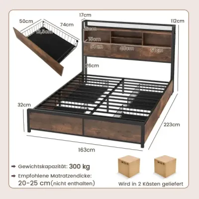 Bett mit Ladestation und 4 Schubladen Kopfteil mit Stauraum Vintage Braun 223,5 x 163 x 112 cm