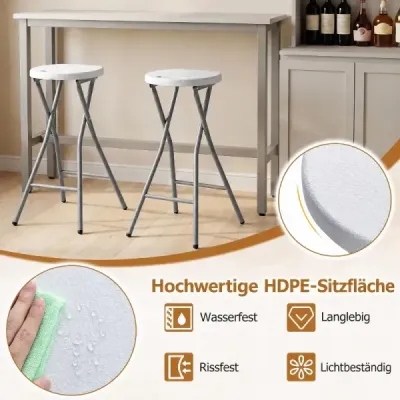 2er Set Klappbarer Barhocker mit HDPE Sitzfläche & Integriertem Tragegriff bis 150 kg Belastbar Weiß