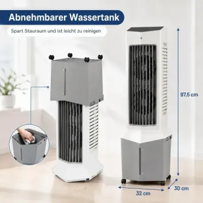 3 in 1 Turmventilator mit Ventilator Luftbefeuchter & Verdunstungskühler mit 2 Kühlakkus