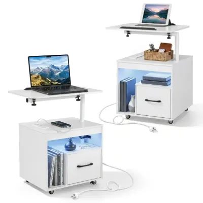 Set de 2 mese noptieră cu role LED dulap de noapte cu stație de încărcare tabletop înclinată & alb priză