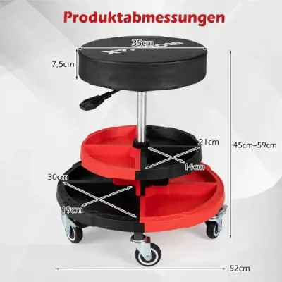 Werkstatthocker mit Rollen Werkstatt Rollsitz Höhenverstellbar 52 x 52 x 45-59 cm Rot + Schwarz