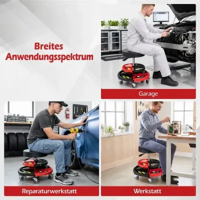 Werkstatthocker mit Rollen Werkstatt Rollsitz Höhenverstellbar 52 x 52 x 45-59 cm Rot + Schwarz