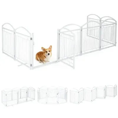 Freistehendes Hundegitter mit Tür & 360° Drehbaren Scharnieren 8 Paneele 480 x 81 cm Weiß
