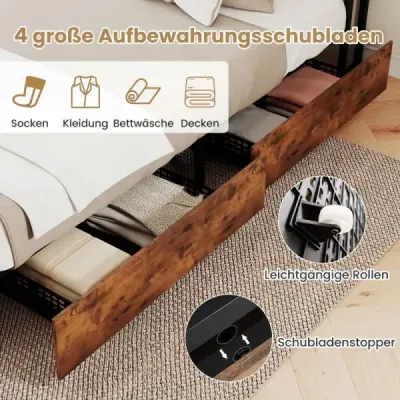 Bett mit Ladestation und 4 Schubladen Kopfteil mit Stauraum Vintage Braun 223,5 x 163 x 112 cm