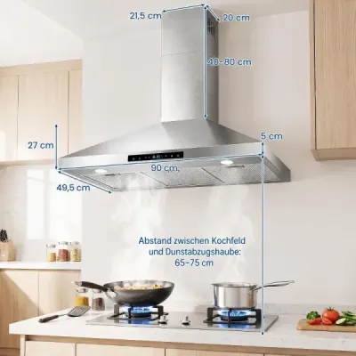 Dunstabzugshaube 90 cm mit Touch-bedienfeld und Gestensensor Küchenabzugshaube Silber