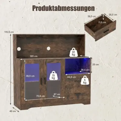 Küchenschrank Buffetschrank mit Offenen Fächern Steckdose & LED 120 x 40 x 115,5 cm Braun