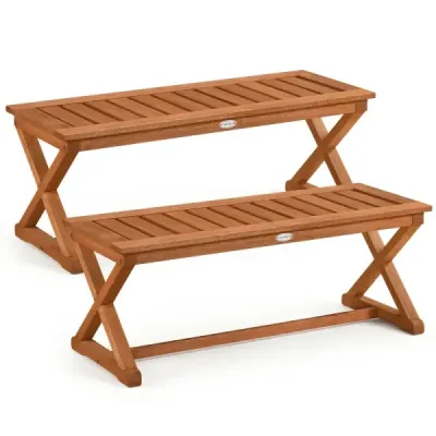 2er Set Gartenbank aus Holz Sitzbank mit X-förmigem Rahmen & Verstärkter Querstrebe