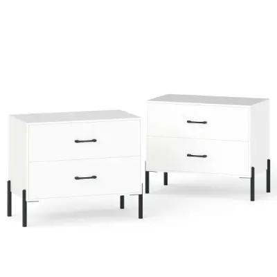 2er Set 2-Schubladen-Kommode Moderner Nachttisch aus Holz mit Metallbeinen & Griffen Weiß