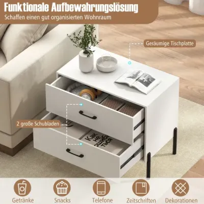 2er Set 2-Schubladen-Kommode Moderner Nachttisch aus Holz mit Metallbeinen & Griffen Weiß