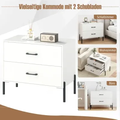 2er Set 2-Schubladen-Kommode Moderner Nachttisch aus Holz mit Metallbeinen & Griffen Weiß