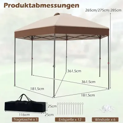 3.6 x 3.6m Pop Up Pavilion de grădină impermeabilă cu înălțime reglabilă cadru metalic maro