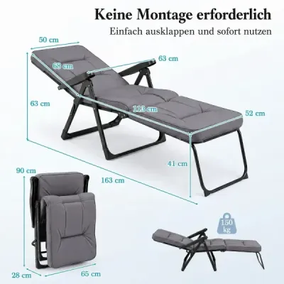 Sun lounger Garden lounger Folding cu perna de scaun gros backrest reglabile & cotiere Gri