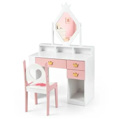 Kinder Schminktisch aus Holz mit Rautenförmigem Spiegel & Stuhl Weiß + Rosa