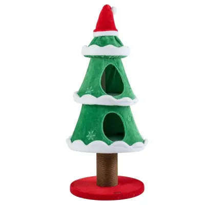 Kratzbaum 130 cm Katzenbaum im Weihnachtsbaum Design mit 2 Katzenhöhlen & Kratzstamm Grün + Rot