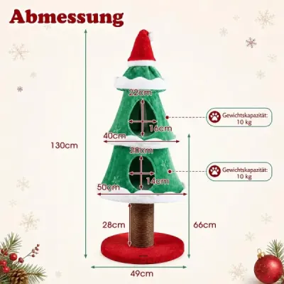 Kratzbaum 130 cm Katzenbaum im Weihnachtsbaum Design mit 2 Katzenhöhlen & Kratzstamm Grün + Rot