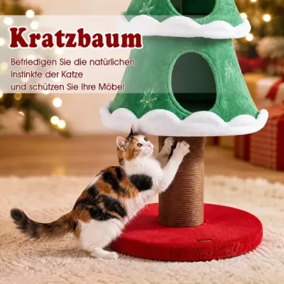 Kratzbaum 130 cm Katzenbaum im Weihnachtsbaum Design mit 2 Katzenhöhlen & Kratzstamm Grün + Rot