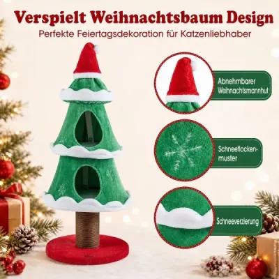 Kratzbaum 130 cm Katzenbaum im Weihnachtsbaum Design mit 2 Katzenhöhlen & Kratzstamm Grün + Rot