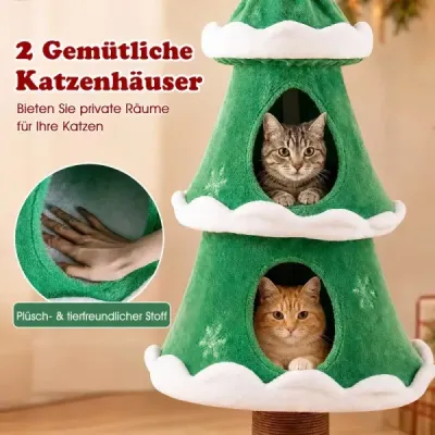 Kratzbaum 130 cm Katzenbaum im Weihnachtsbaum Design mit 2 Katzenhöhlen & Kratzstamm Grün + Rot