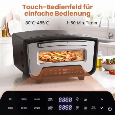 Indoor Pizzaofen Elektrisch 1700 W für 12 Zoll Pizzen Pizzamaker mit 8 Programmen & Touch-Display