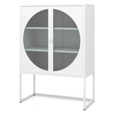 Metall Kommode 85 cm Aufbewahrungsschrank mit 2 Gehärtete Glastüren & Verstellbare Ablage Weiß