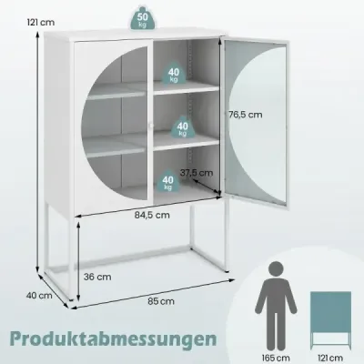 Metall Kommode 85 cm Aufbewahrungsschrank mit 2 Gehärtete Glastüren & Verstellbare Ablage Weiß