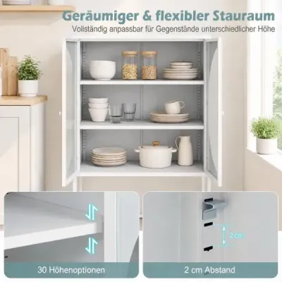 Metall Kommode 85 cm Aufbewahrungsschrank mit 2 Gehärtete Glastüren & Verstellbare Ablage Weiß
