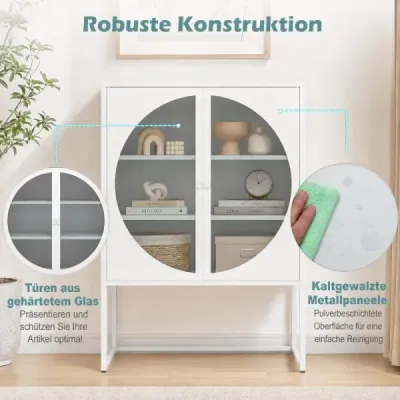 Metall Kommode 85 cm Aufbewahrungsschrank mit 2 Gehärtete Glastüren & Verstellbare Ablage Weiß