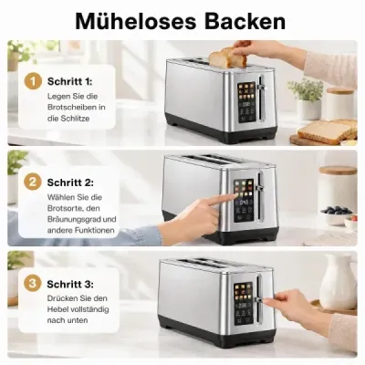 Toaster 4 Scheiben aus Edelstahl mit LED-Display & Krümelschublade 1600 W Langschlitztoaster Silber