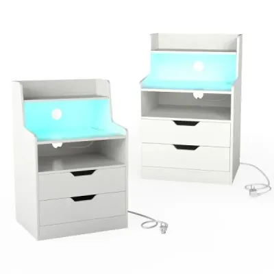 2er Set Nachttisch mit LED-Lichtern & Ladestation Beistelltisch mit 2 Schubladen & Offenem Fach Weiß