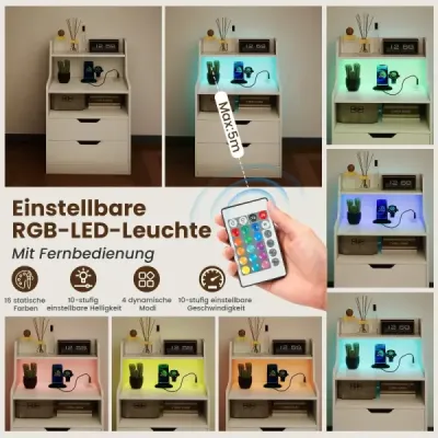 2er Set Nachttisch mit LED-Lichtern & Ladestation Beistelltisch mit 2 Schubladen & Offenem Fach Weiß