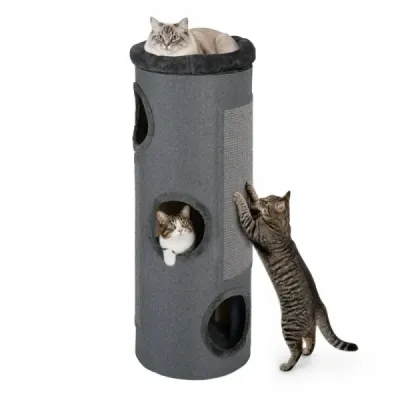 4-stöckiges Katzenhaus für Mehrere Katzen Erhöhter Haustier-Unterschlupf mit Abnehmbarem Plüschbett Dunkelgrau
