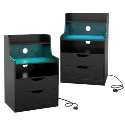 2er Set Nachttisch mit LED-Lichtern & Ladestation Beistelltisch mit 2 Schubladen & Offenem Fach Schwarz