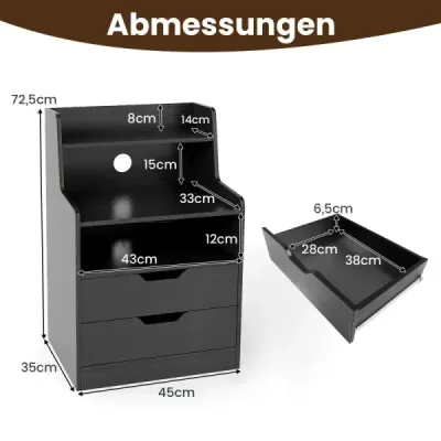 2er Set Nachttisch mit LED-Lichtern & Ladestation Beistelltisch mit 2 Schubladen & Offenem Fach Schwarz