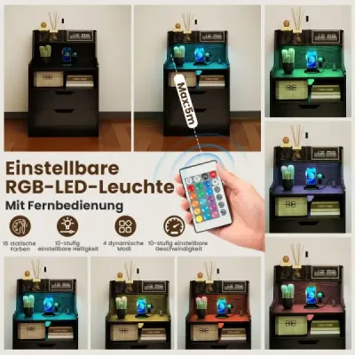 2er Set Nachttisch mit LED-Lichtern & Ladestation Beistelltisch mit 2 Schubladen & Offenem Fach Schwarz