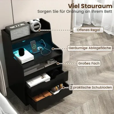 2er Set Nachttisch mit LED-Lichtern & Ladestation Beistelltisch mit 2 Schubladen & Offenem Fach Schwarz