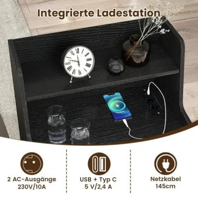 2er Set Nachttisch mit LED-Lichtern & Ladestation Beistelltisch mit 2 Schubladen & Offenem Fach Schwarz