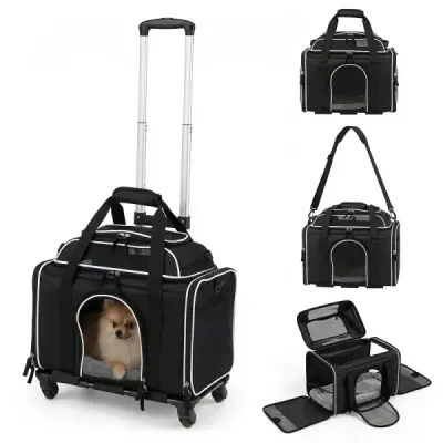 Transportbox Faltbar für Haustiere mit Rollen Netzfenstern & Teleskopgriff 46 x 29 x 28 cm Schwarz