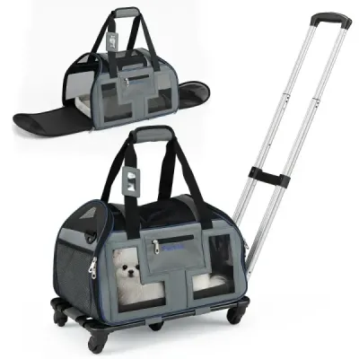 Reisetasche für Hunde Faltbare Hundetransportbox mit Rollen Abnehmbarem Kissen & Teleskopgriff Blau