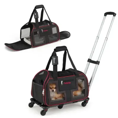 Reisetasche für Hunde Faltbare Hundetransportbox mit Rollen Abnehmbarem Kissen & Teleskopgriff Rot