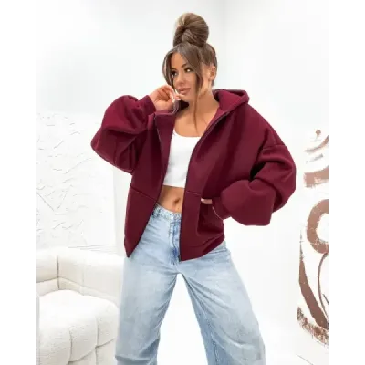 Ciepła bluza oversize z kapturem bordowa (821112)