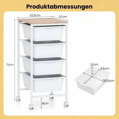 Rollwagen Schubladenwagen mit 4 Schubladen aus Kunststoff 37 x 32,5 x 71 cm Weiß