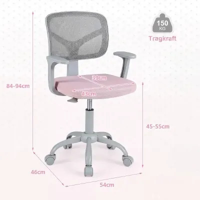 Ergonomischer Kinder Schreibtischstuhl mit Einstellbarer Höhe & Selbstsichernden Rädern Rosa