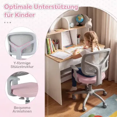 Ergonomischer Kinder Schreibtischstuhl mit Einstellbarer Höhe & Selbstsichernden Rädern Rosa