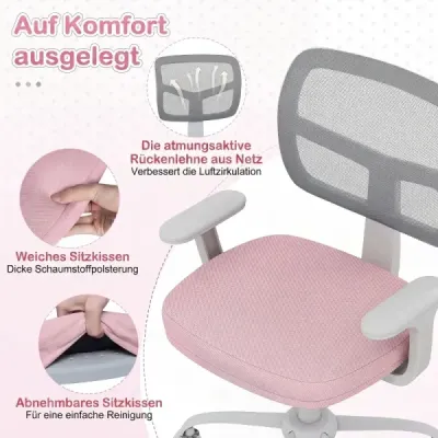 Ergonomischer Kinder Schreibtischstuhl mit Einstellbarer Höhe & Selbstsichernden Rädern Rosa