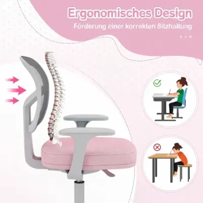 Ergonomischer Kinder Schreibtischstuhl mit Einstellbarer Höhe & Selbstsichernden Rädern Rosa