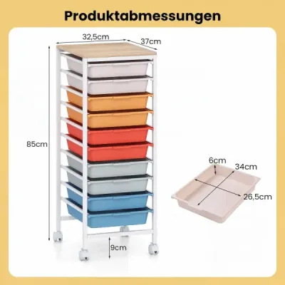 Rollwagen mit 10 Stapelbaren Schubladen & Griffen Rollcontainer 37 x 32,5 x 85 cm Macaron